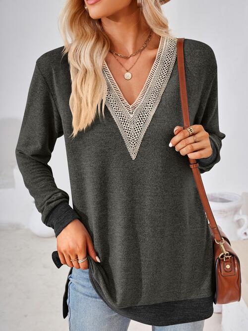 swvws Crochet Contrast V-Neck Long Sleeve Slit T-Shirt