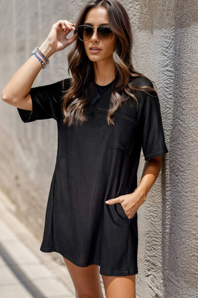 swvws Pocketed Round Neck Short Sleeve Mini Dress