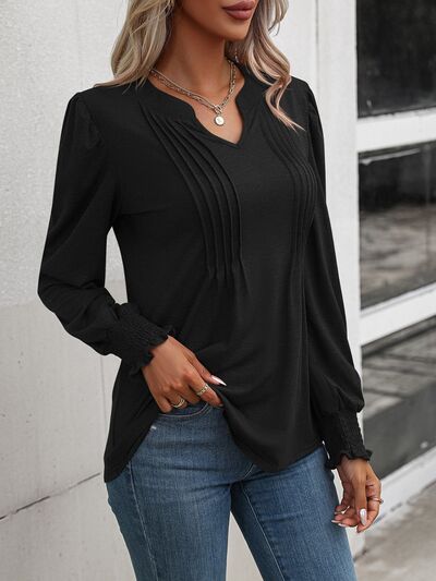 swvws Notched Smocked Lantern Sleeve Blouse