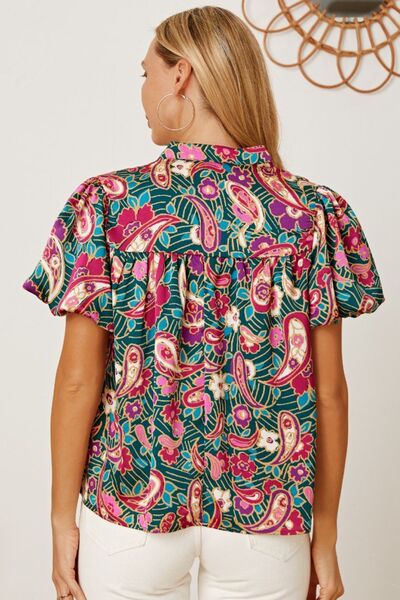 swvws Floral Collared Neck Short Sleeve Blouse