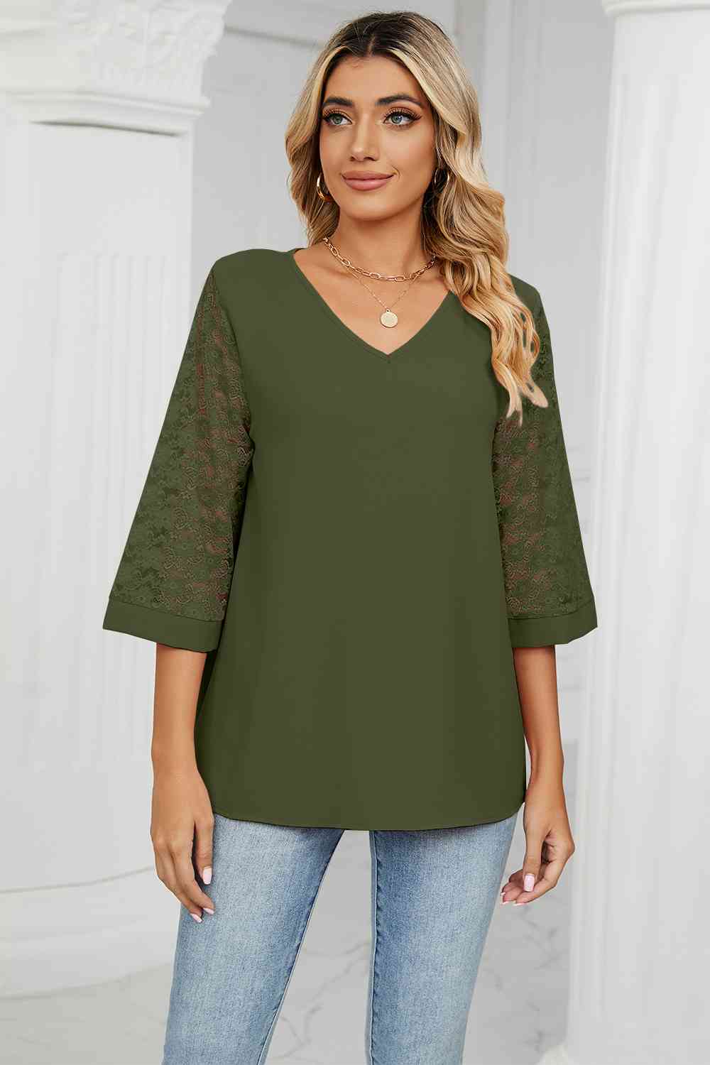 swvws V-Neck Three-Quarter Sleeve Top