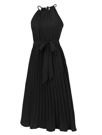 swvws Pleated Spaghetti Strap Tie Waist Midi Dress