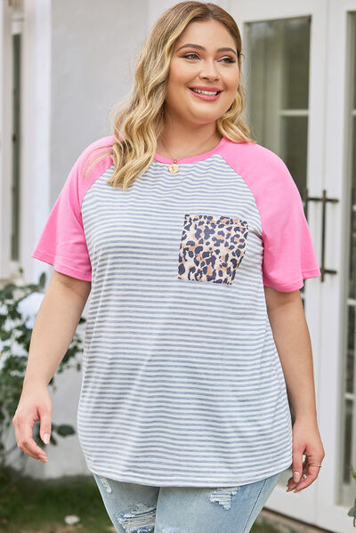 swvws Plus Size Striped Leopard Round Neck T-Shirt