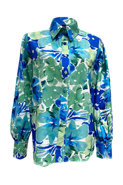 swvws Printed Button Up Lantern Sleeve Shirt