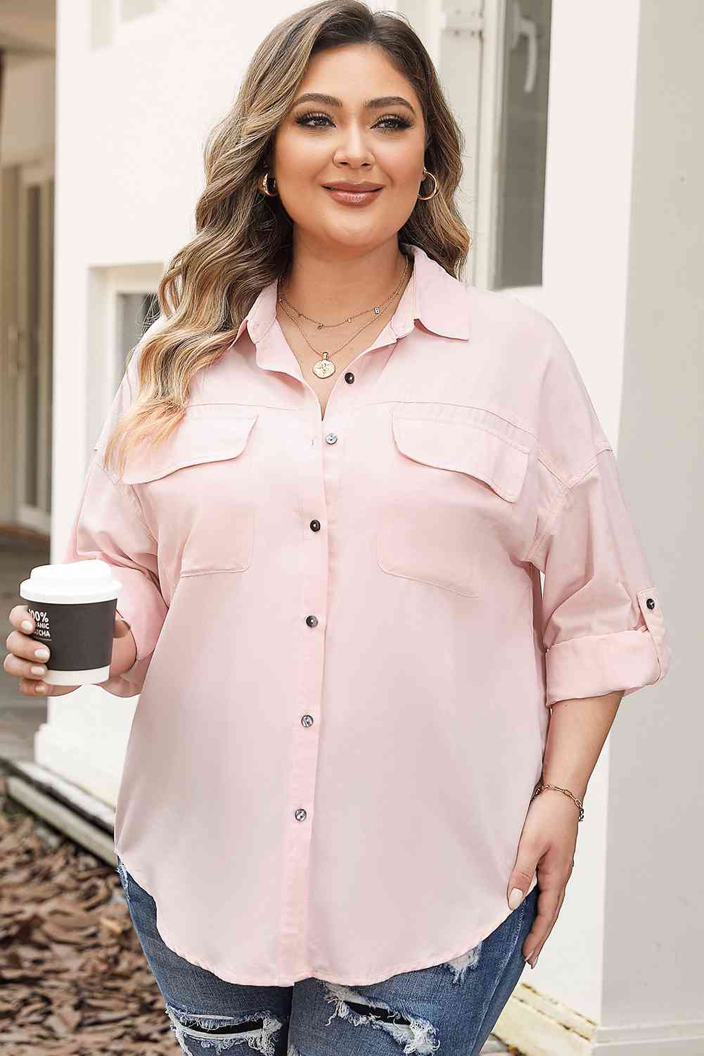 swvws Plus Size Collared Neck Button Front Long Sleeve Shirt