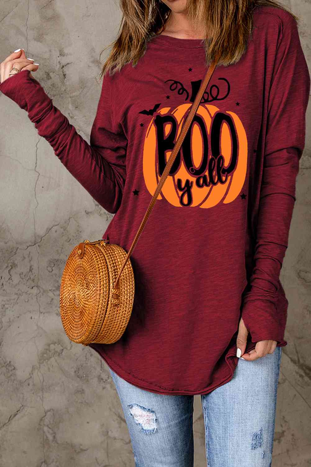 swvws Pumpkin Graphic Thumbhole Sleeve T-Shirt