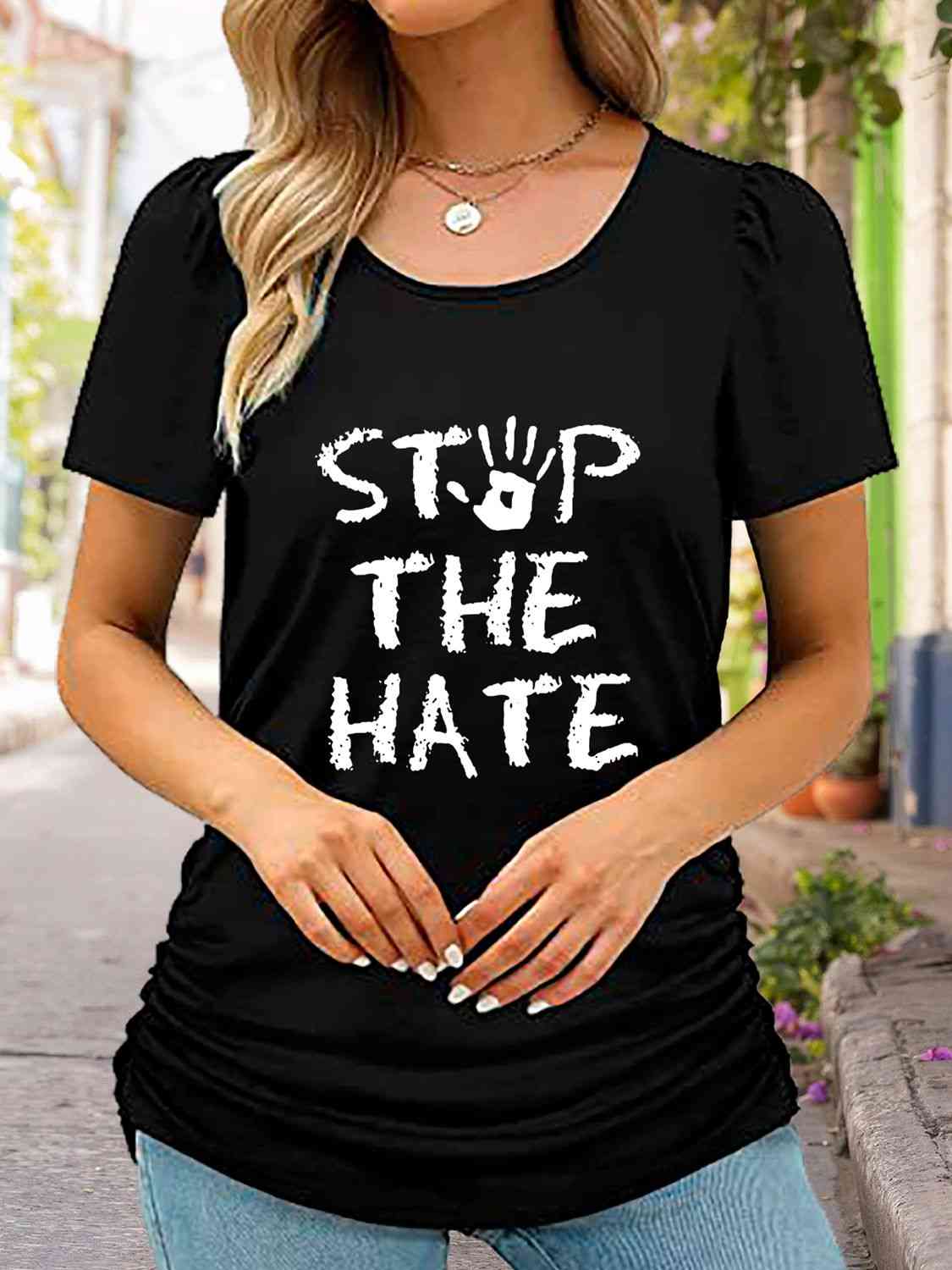 swvws Round Neck Short Sleeve STOP THE HATE Graphic T-Shirt