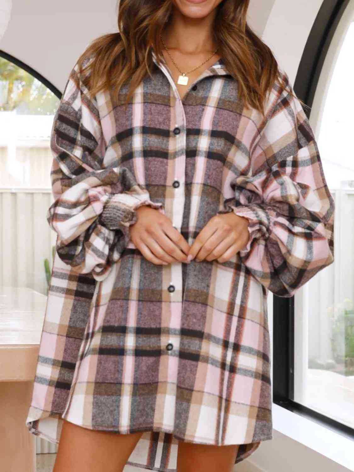 swvws Plaid Lantern Sleeve Shirt