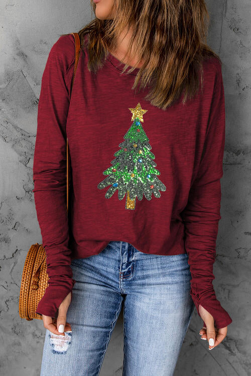 swvws Sequin Christmas Tree Long Sleeve T-Shirt