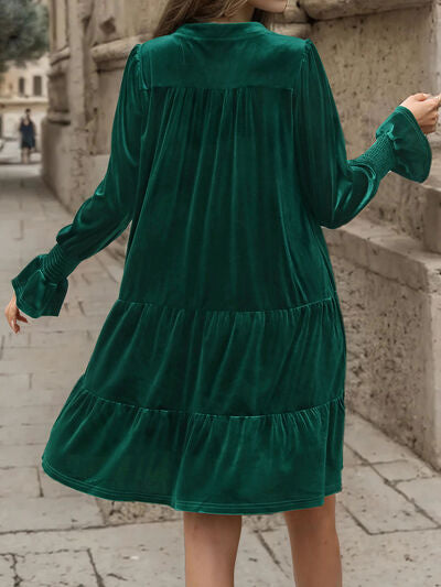 swvws Notched Long Sleeve Tiered Dress