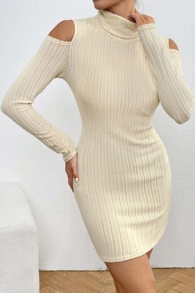 swvws Ribbed Turtleneck Cold Shoulder Long Sleeve Mini Dress