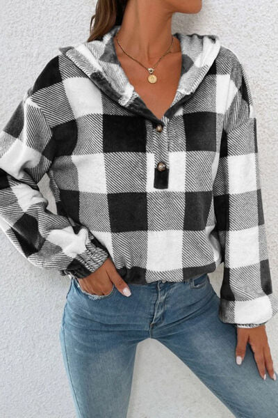 swvws Plaid Quarter Button Dropped Shoulder Hoodie