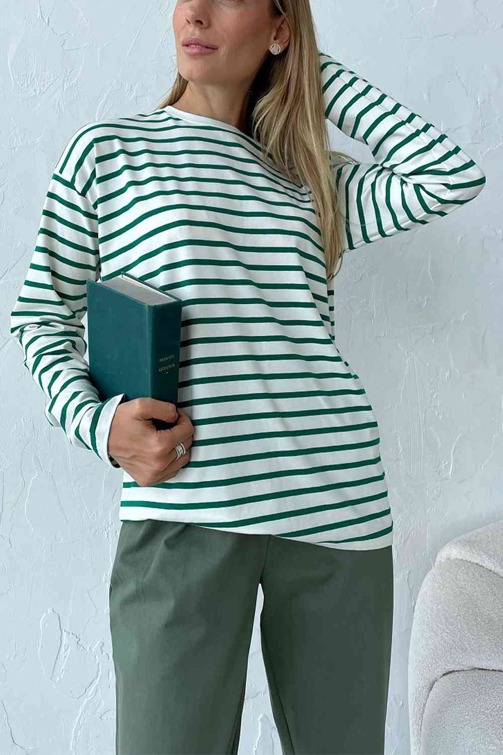 swvws Round Neck Striped Dropped Shoulder T-Shirt