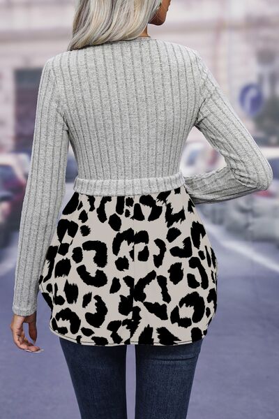 swvws Leopard Peplum Round Neck Blouse