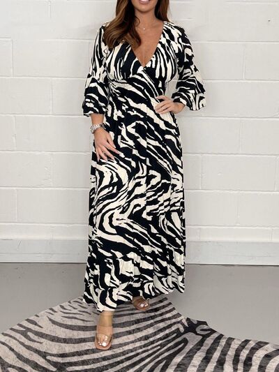 swvws Smocked Printed Flounce Sleeve Maxi Dress