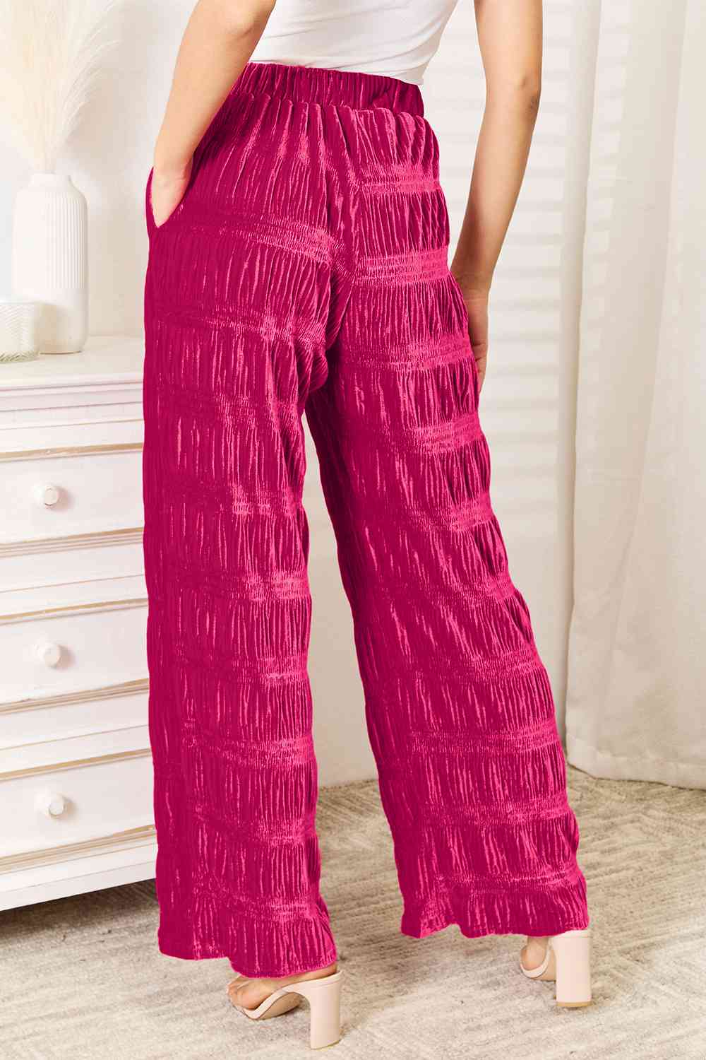 swvws Double Take Full Size High Waist Tiered Shirring Velvet Wide Leg Pants