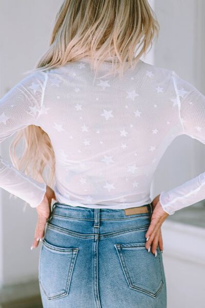 swvws Star Pattern Mock Neck Long Sleeve Blouse