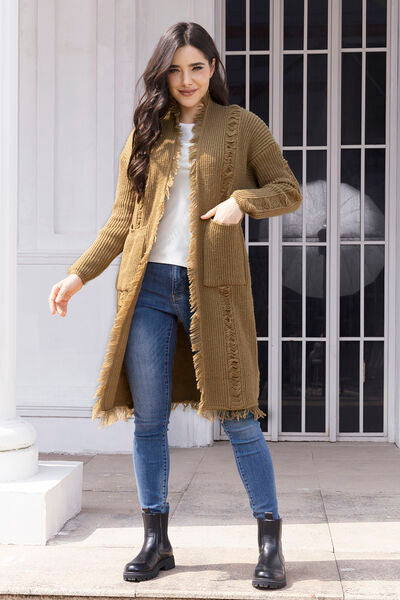 swvws Fringe Trim Open Front Cardigan with Pockets