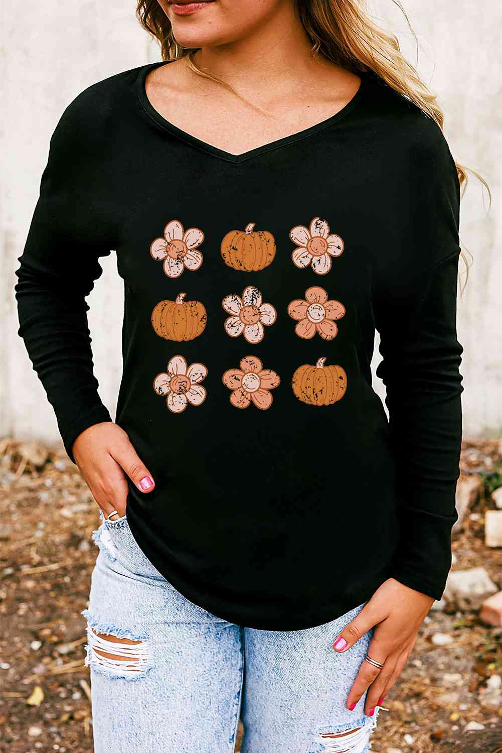 swvws V-Neck Short Sleeve Pumpkin & Flower Graphic T-Shirt