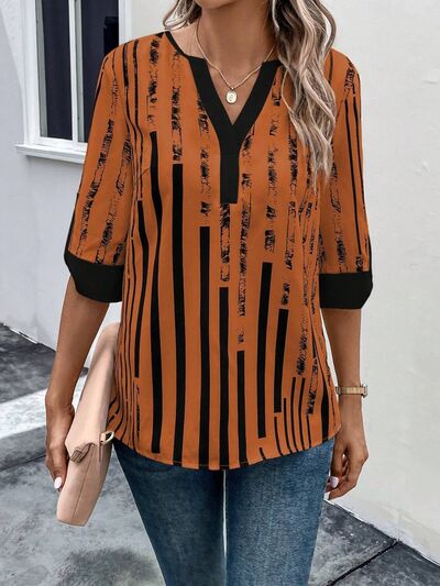 swvws Striped Notched Half Sleeve Blouse