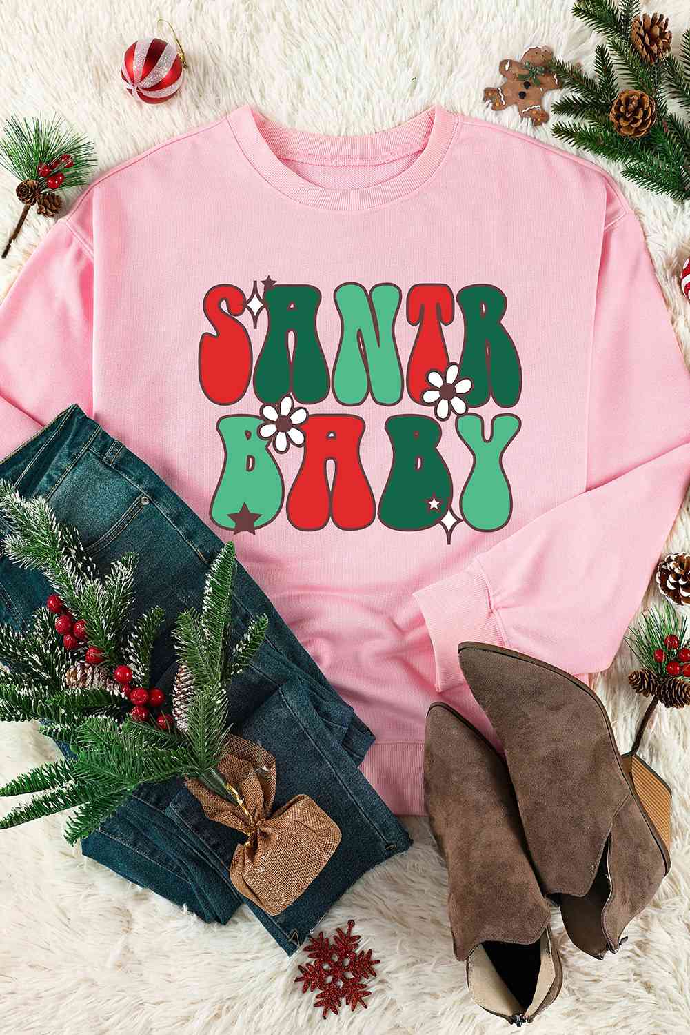 swvws SANTA BABY Graphic Round Neck Sweatshirt