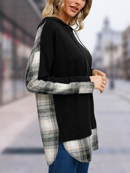 swvws Plaid Drawstring Long Sleeve Slit Hoodie