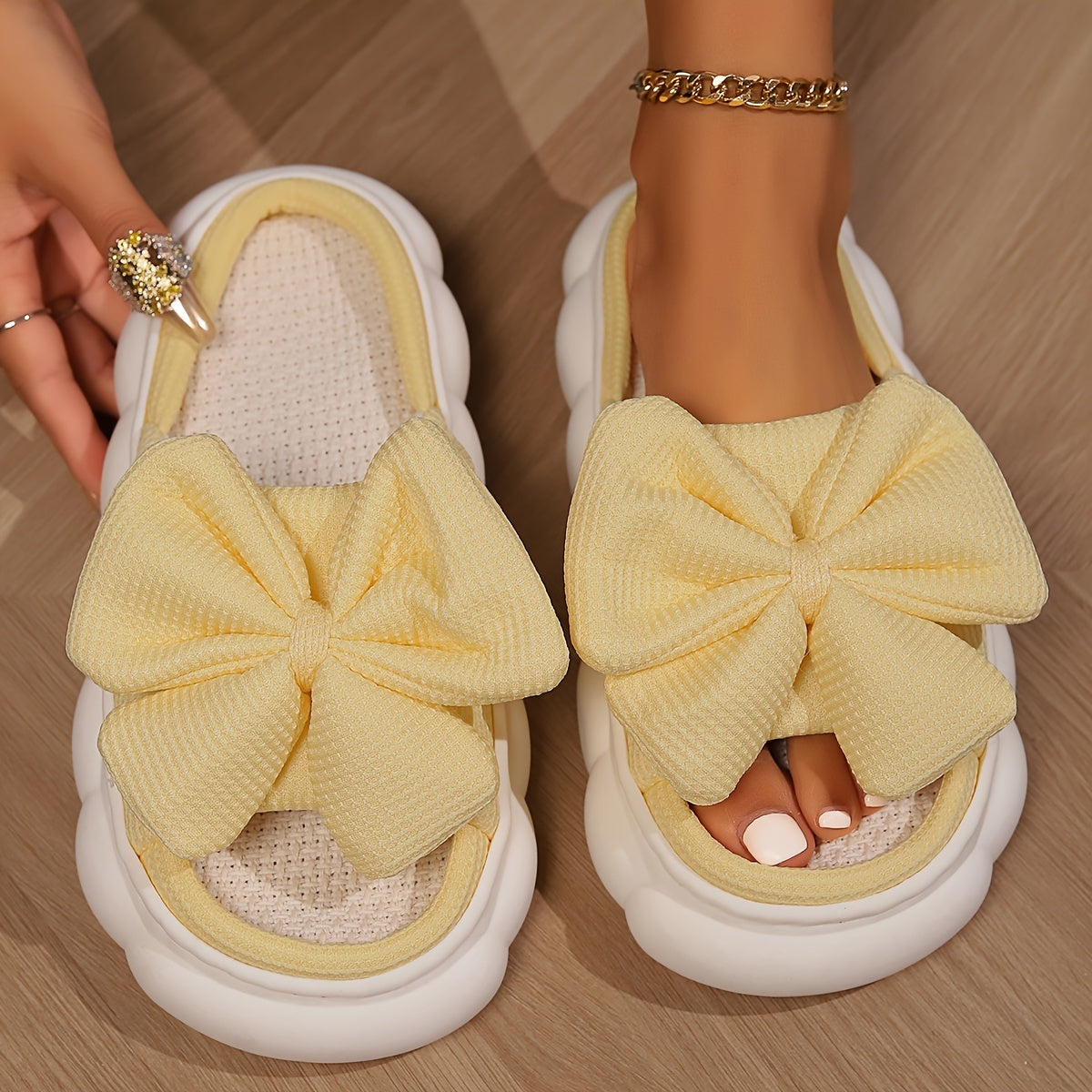 Women's Bow Linen Slippers, Breathable Contrast Color Soft Sole Platform Shoes, Comfy Indoor Floor Slippers