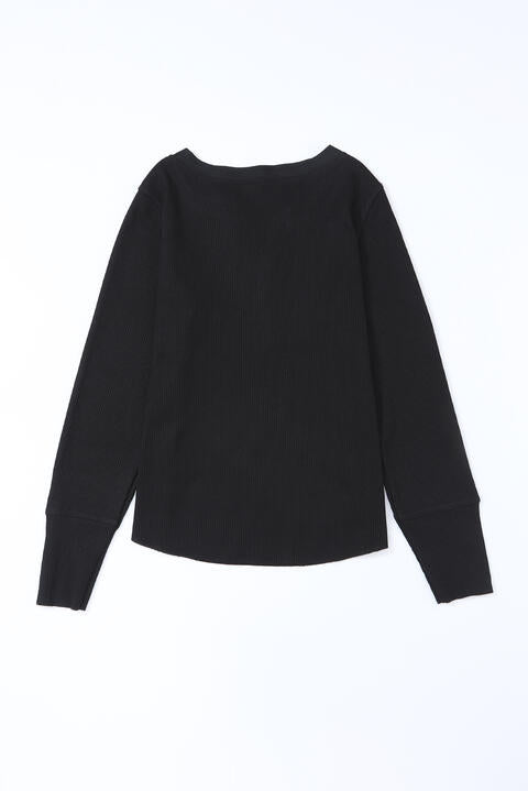 swvws Waffle Knit Buttoned Notched Neck Long Sleeve T-Shirt