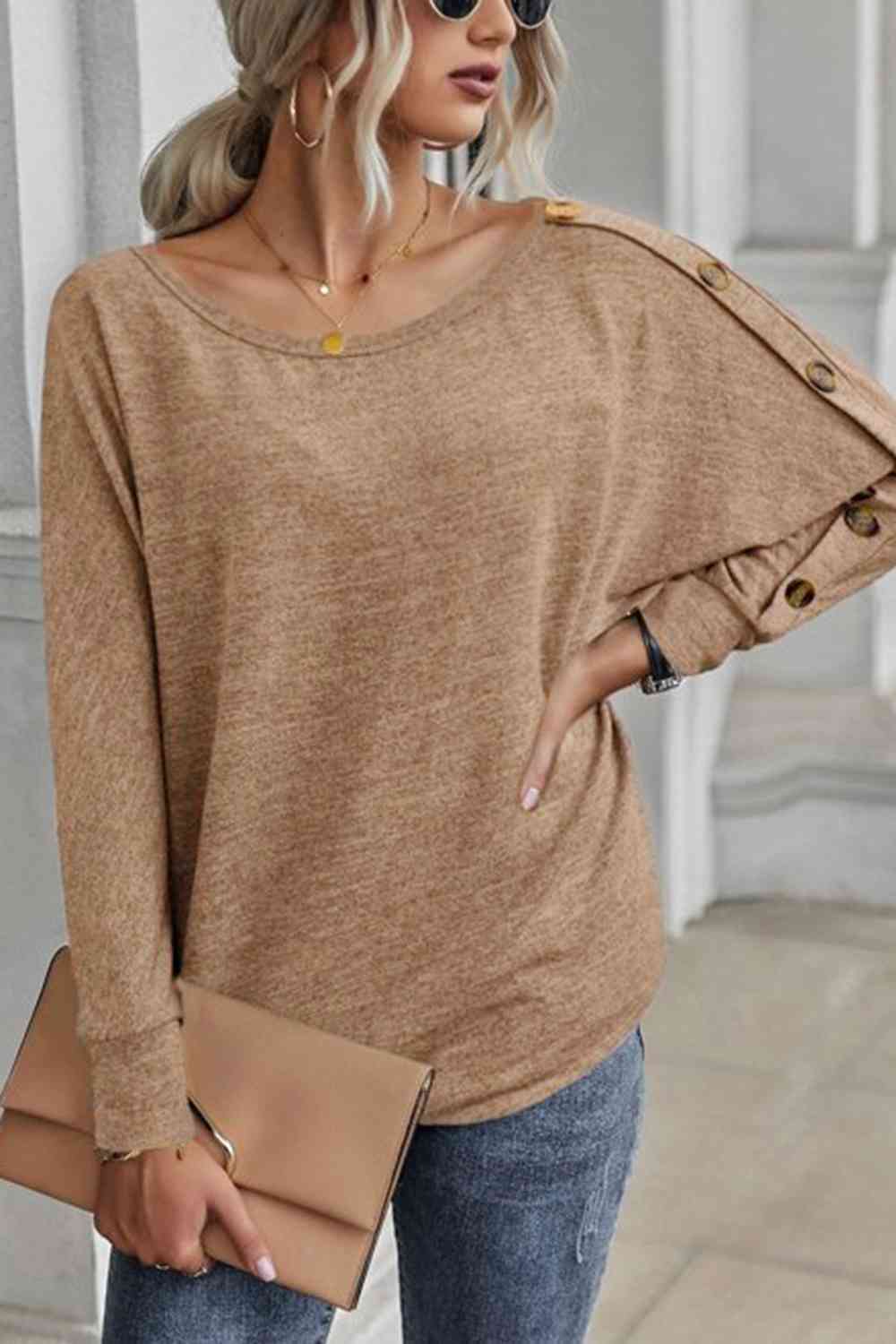 swvws Boat Neck Buttoned Long Sleeve T-Shirt