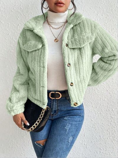 swvws Fuzzy Button Up Collared Neck Jacket