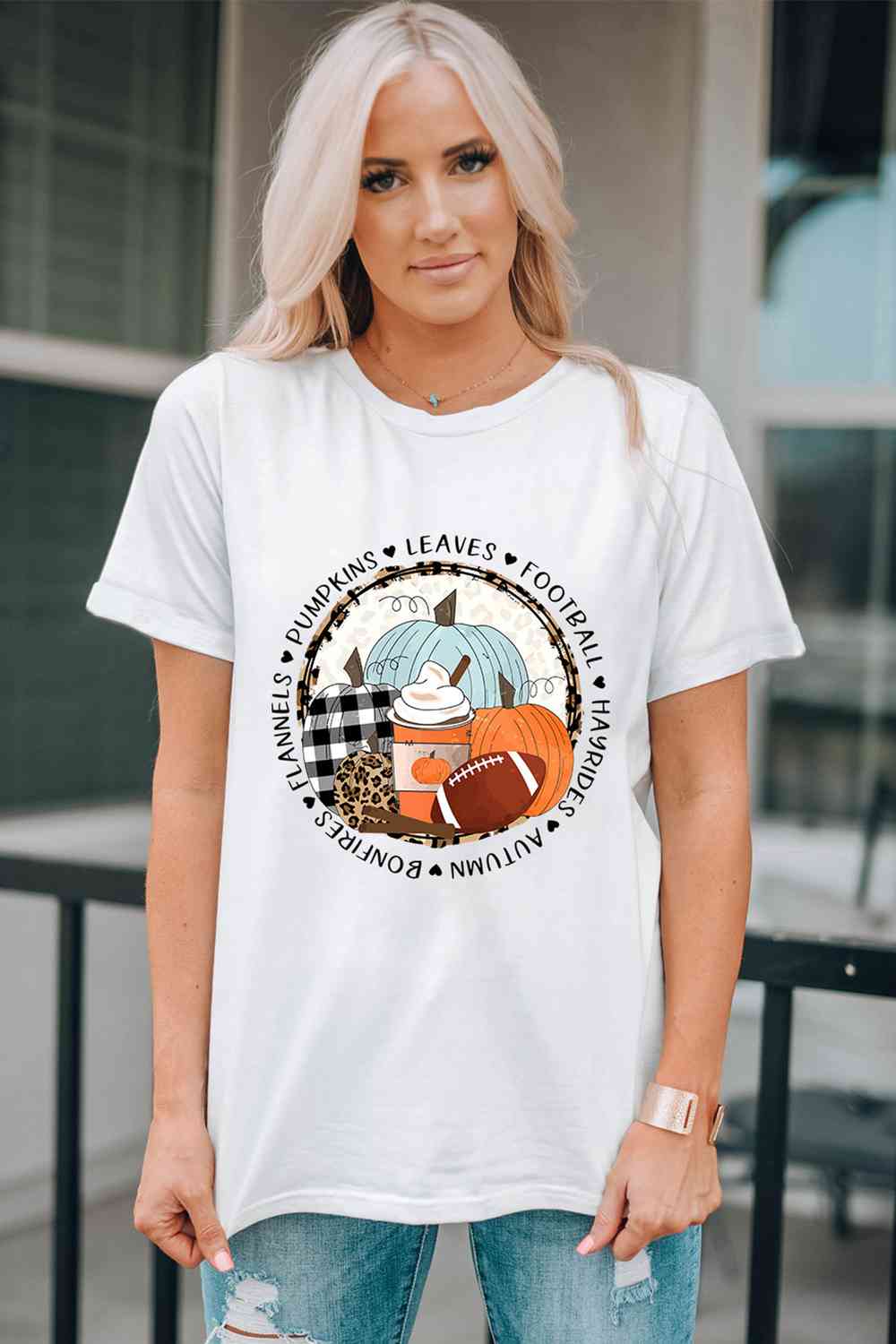 swvws Pumpkin Graphic Round Neck Cuffed T-Shirt