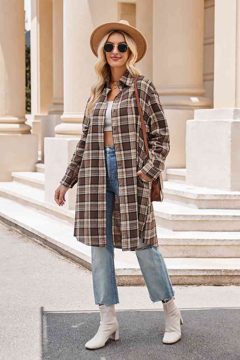 swvws Plaid Collared Neck Long Sleeve Coat