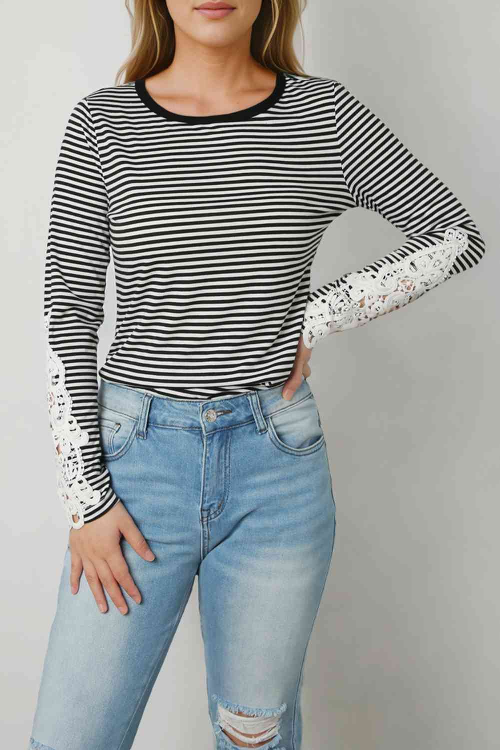 swvws Striped Round Neck Long Sleeve Lace Trim T-Shirt