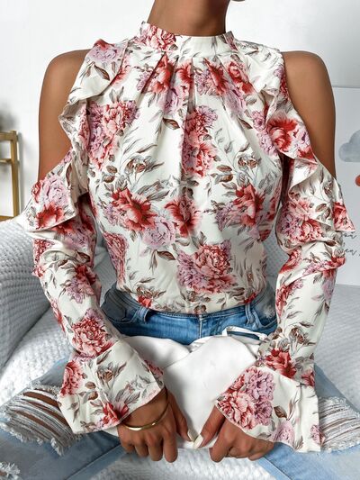 swvws Floral Cold Shoulder Ruffle Trim Blouse