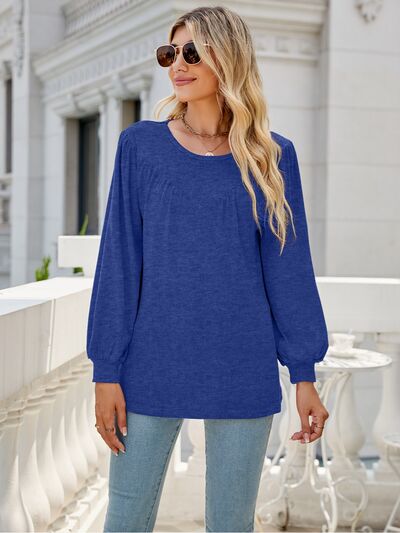 swvws Heathered Round Neck Lantern Sleeve Blouse