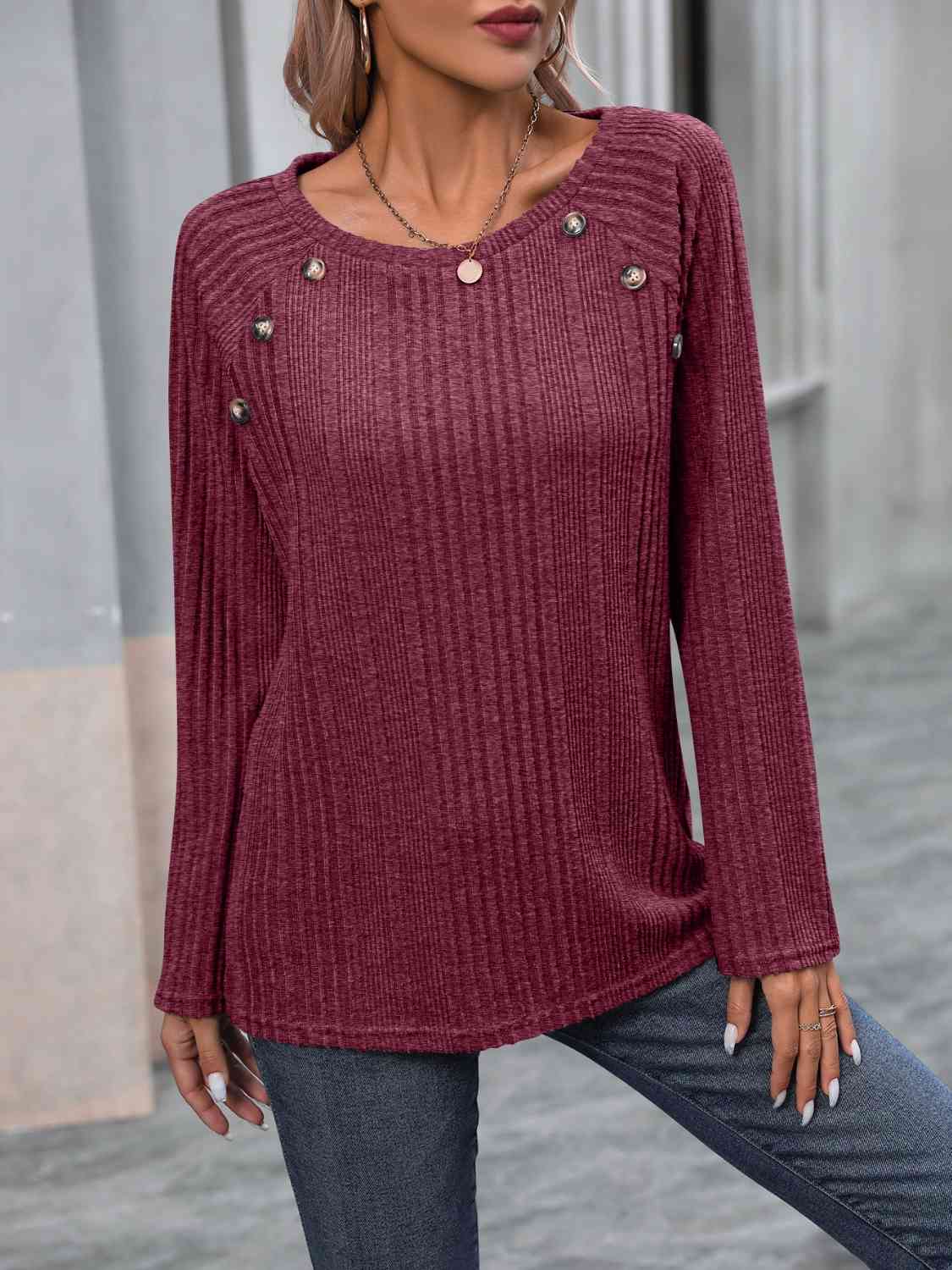 swvws Ribbed Buttoned Round Neck Long Sleeve T-Shirt