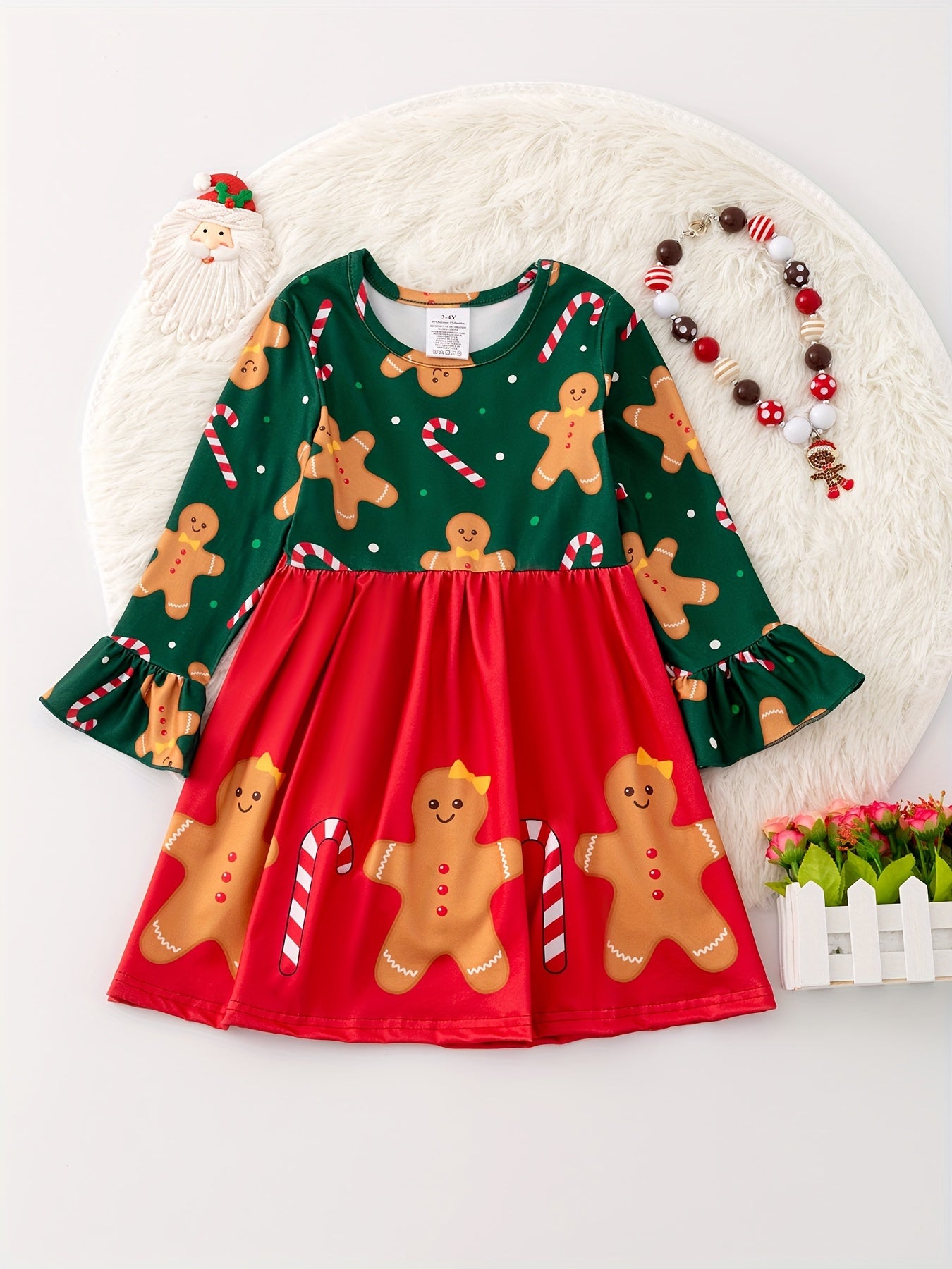 1pc - Brother And Sister Matching Clothes - Christmas Candy Cane Gingerbread Print, Boys Long Sleeve T-shirt, Girls Long Sleeve Dress, Autumn/Winter Daily And Outdoor Wear, Ideal Gifts For Christmas Party - NOT MULTI-PACKS, PLEASE PURCHASE SEPARATELY