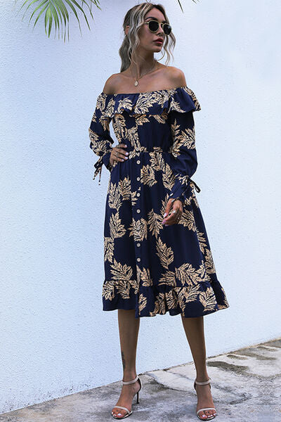 swvws Ruffled Printed Off-Shoulder Midi Dress