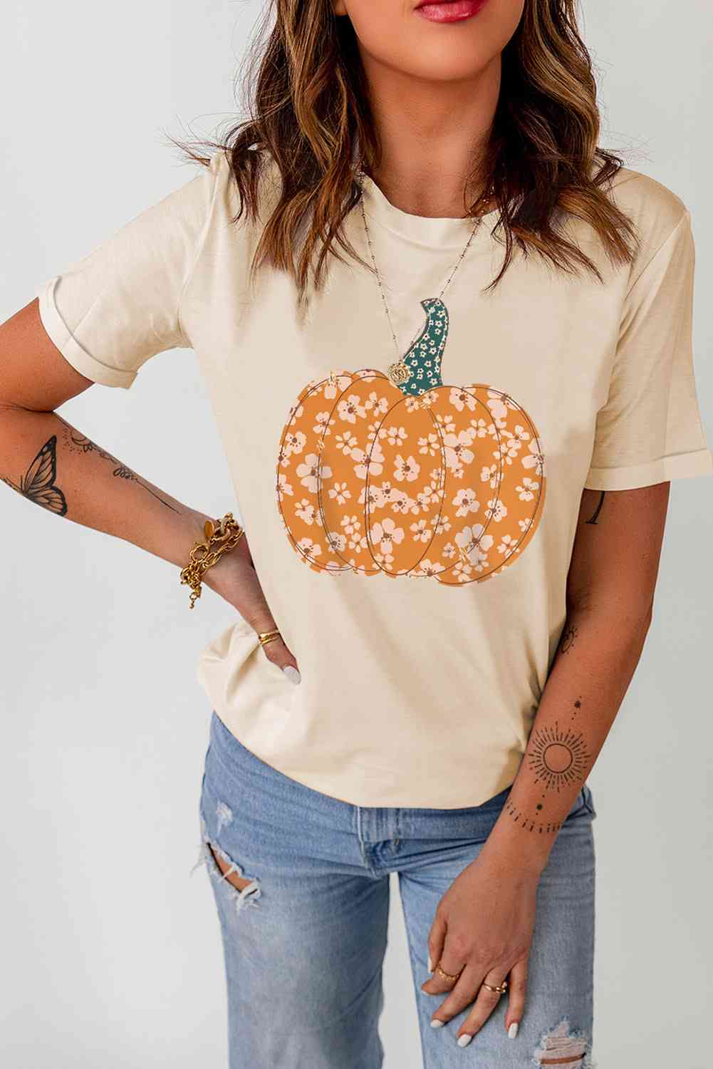 swvws Pumpkin Graphic Round Neck Cuffed T-Shirt