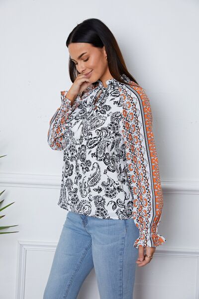 swvws Tassel Tie Neck Printed Smocked Long Sleeve Blouse