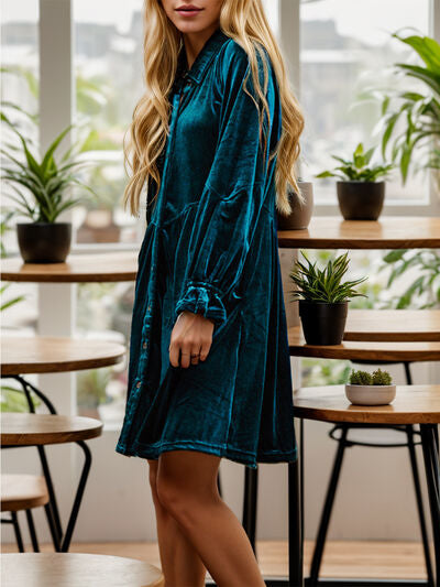 swvws Button Up Drawstring Flounce Sleeve Dress