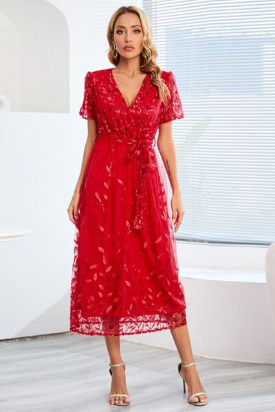 swvws Sequin Leaf Embroidery Tie Front Short Sleeve Dress