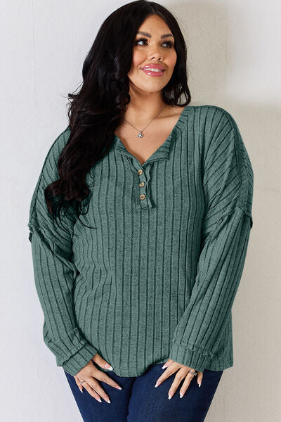 swvws Basic Bae Full Size Ribbed Half Button Long Sleeve T-Shirt