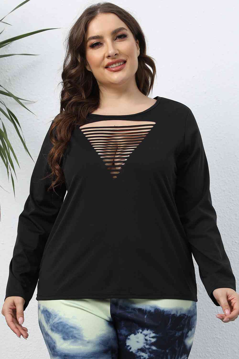 swvws Plus Size Cutout Front Long Sleeve T-Shirt