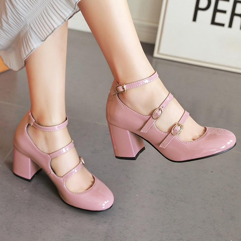 Stylish Buckle Strap Chunky Heels Pumps - Round Toe, High Heel, Party Dress Office Shoes with Comfortable Insoles and Adjustable Buckle Strap for Women