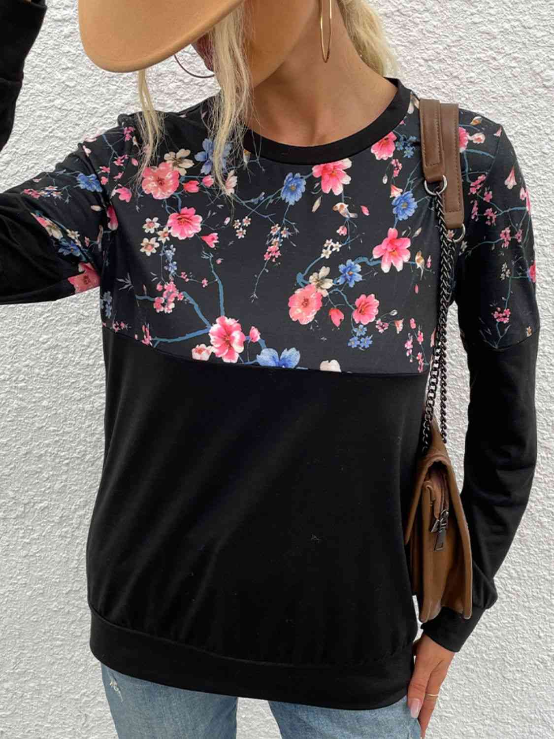 swvws Floral Print Round Neck Dropped Shoulder Tee