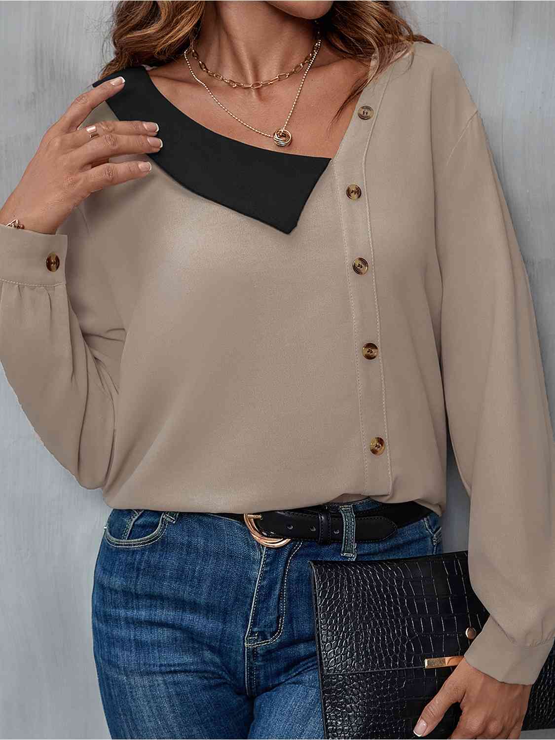 swvws Asymmetrical Neck Buttoned Long Sleeve Top