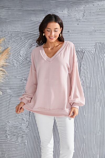 swvws V-Neck Drop Shoulder Lantern Sleeve Blouse