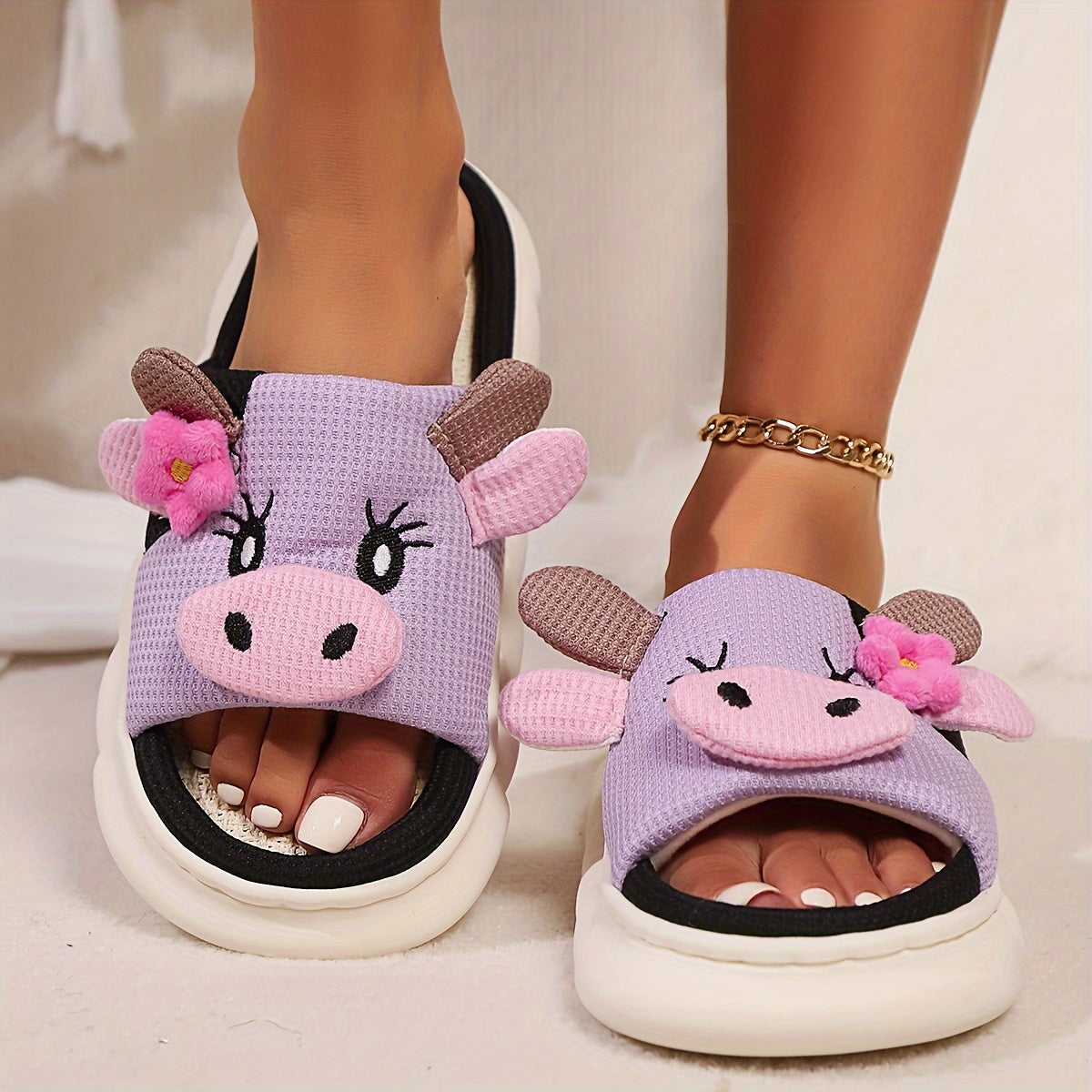 Cute Cartoon Cow Design Slippers, Casual Open Toe Linen Sole Shoes, Comfortable Indoor Home Slippers for fall