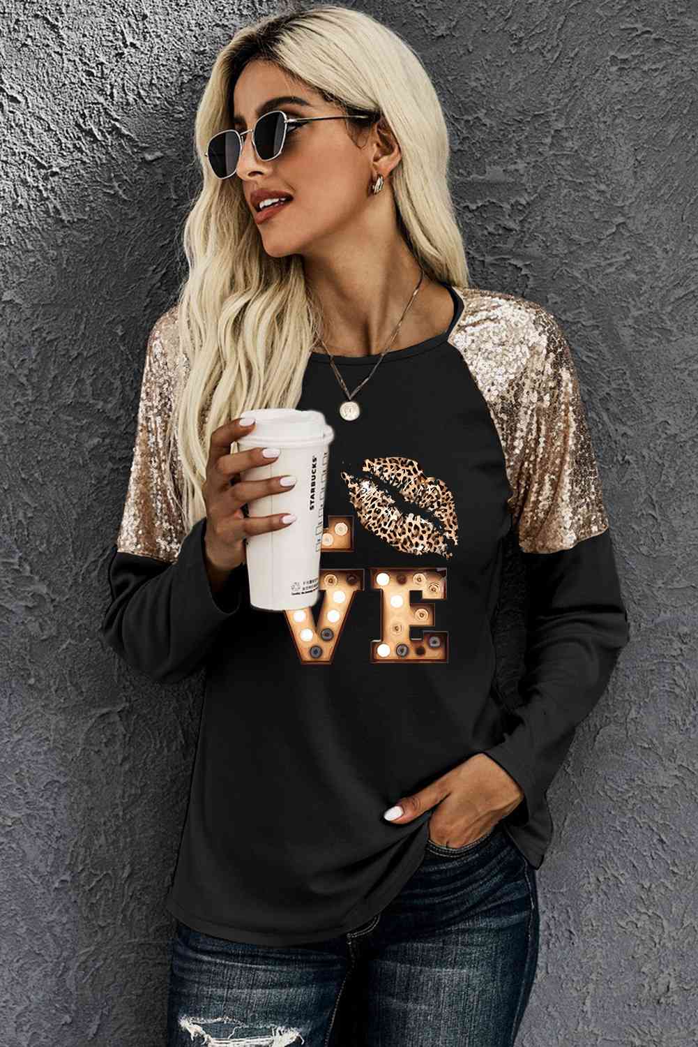 swvws LOVE Graphic Sequin Long Sleeve T-Shirt